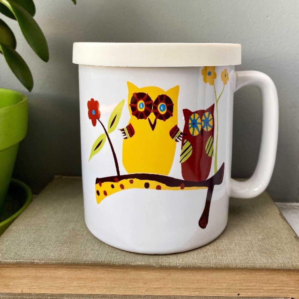 Large Retro Owl Coffee Mug with Rubber Lid/Coaster, Retro Vintage Owl Kitchen
